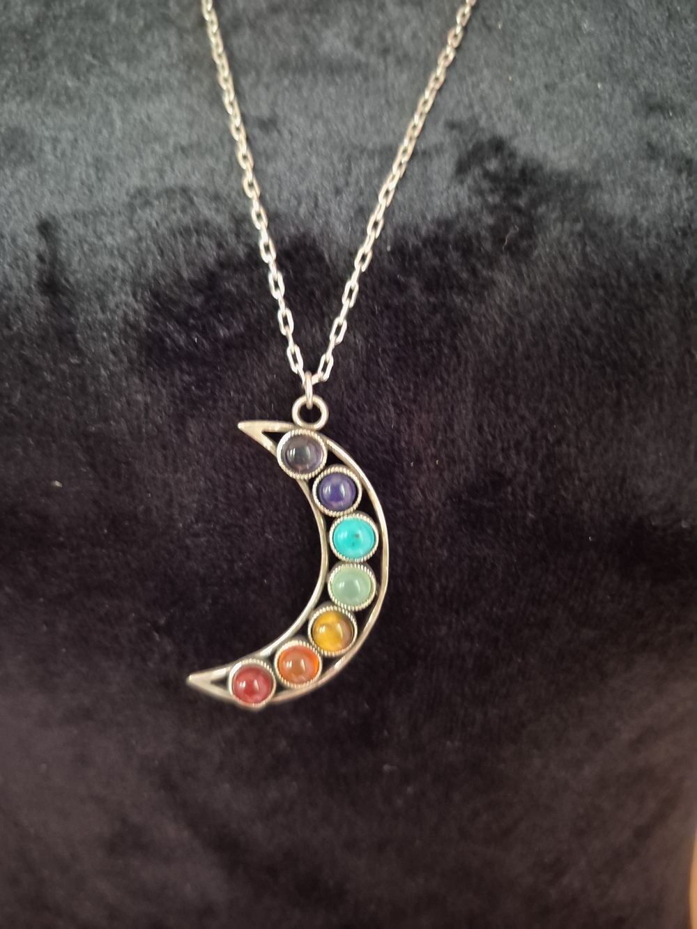 Rainbow Chakra Crescent Moon Necklace - Women's Silver Pendant